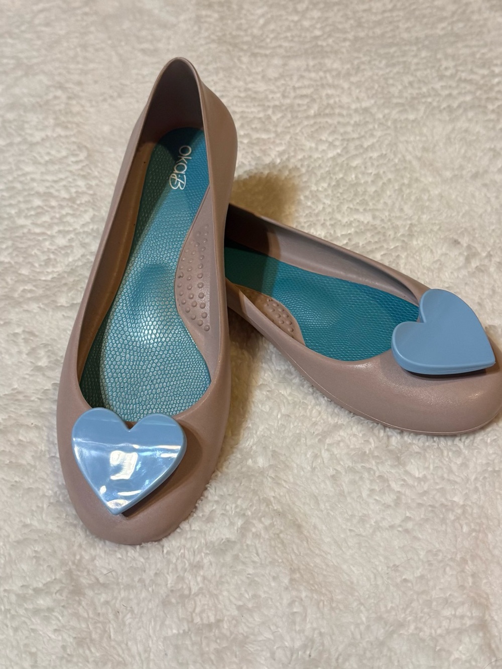 OKA b. Nude Pink Flats with Pale Blue Heart Accent